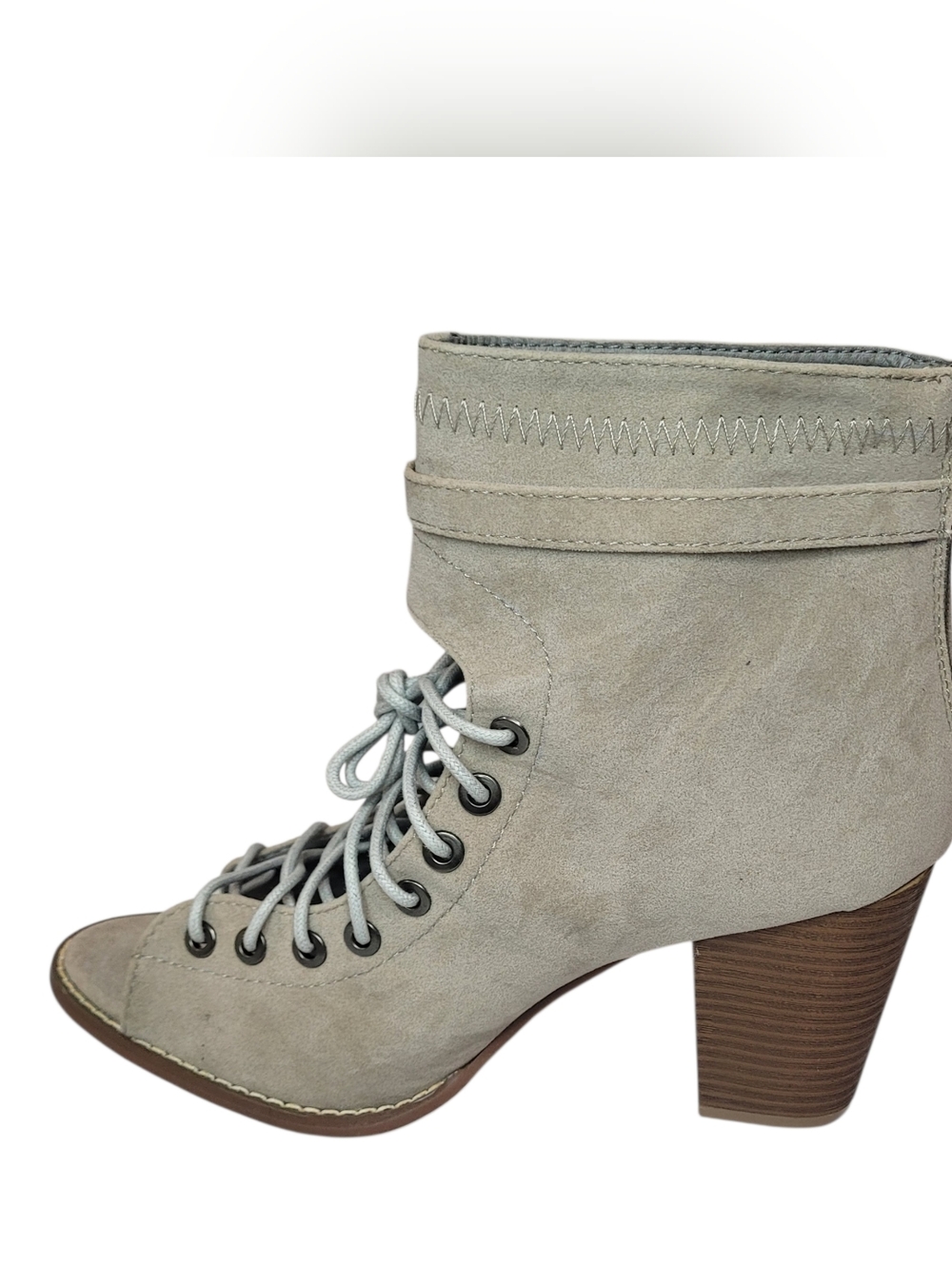 Boho Chic Beige Lace Up Block Heel Booties Peep Toe Faux Suede Size 10 - Picture 3 of 6